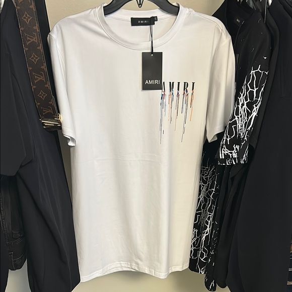 AMIRI White and Black Short Sleeve Tee with Drip Design - Picture 4 of 5